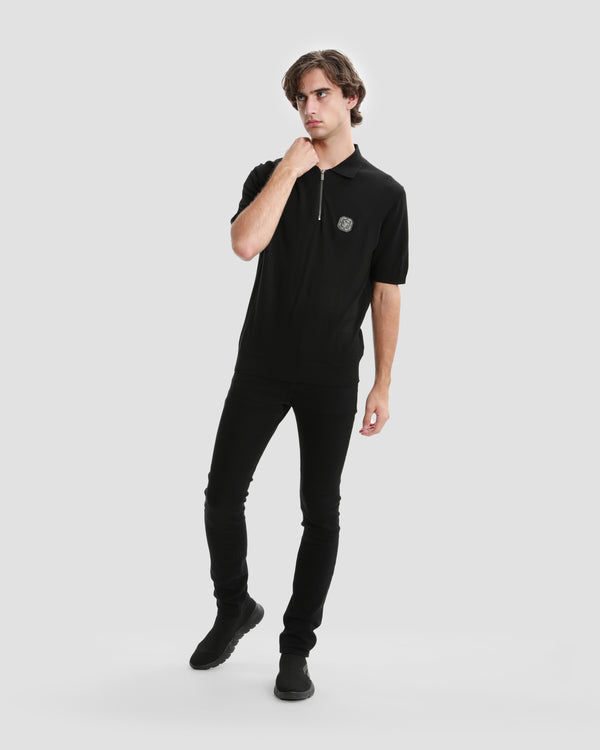 Gianfranco Ferre Brand Monogram Half Zip Knit Polo Shirt Black