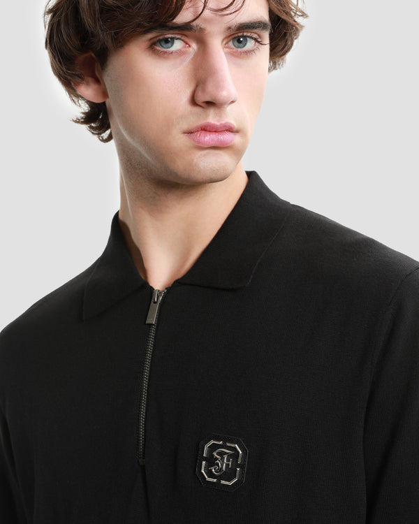 Gianfranco Ferre Brand Monogram Half Zip Knit Polo Shirt Black