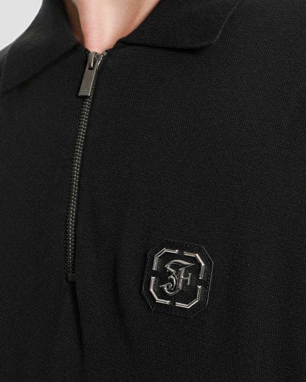 Gianfranco Ferre Brand Monogram Half Zip Knit Polo Shirt Black