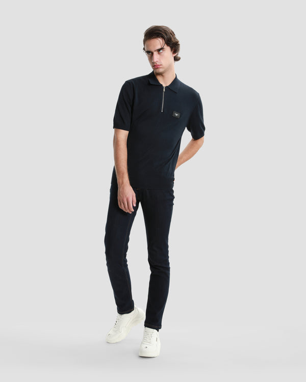 Gianfranco Ferre Brand Monogram Half Zip Knit Polo Shirt Navy