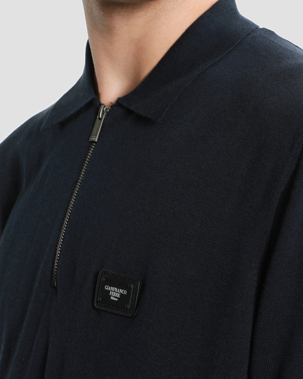 Gianfranco Ferre Brand Monogram Half Zip Knit Polo Shirt Navy