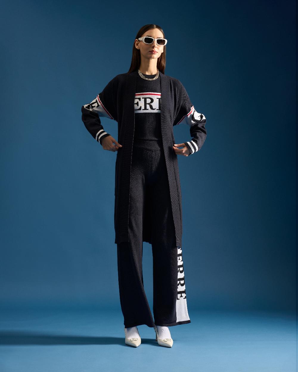 Gianfranco Ferre Contrasting Ferre Accented Flared Trousers Navy