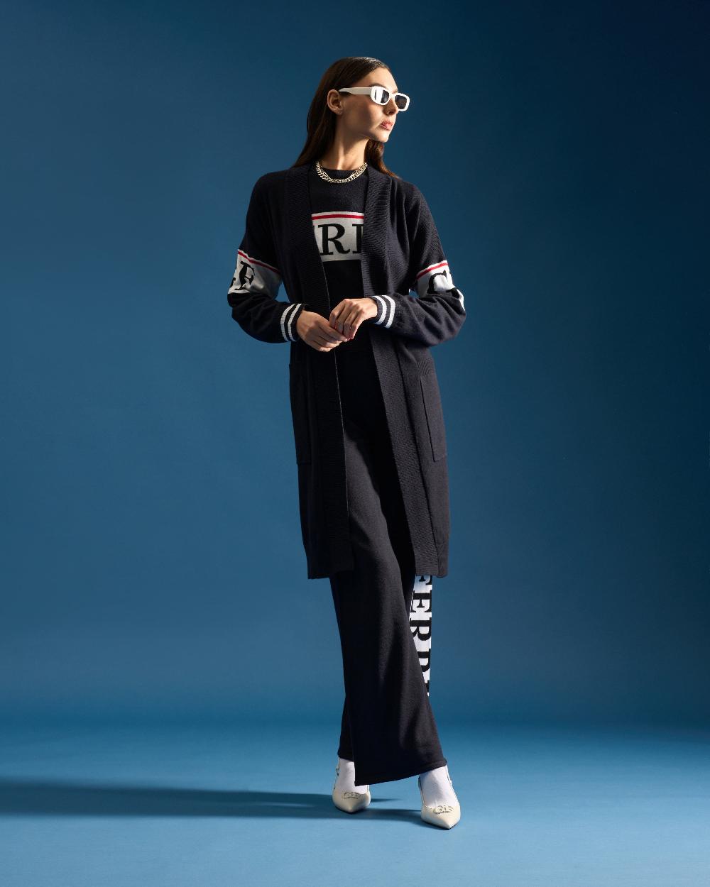 Gianfranco Ferre Contrasting Ferre Front Belted Cardigan Navy