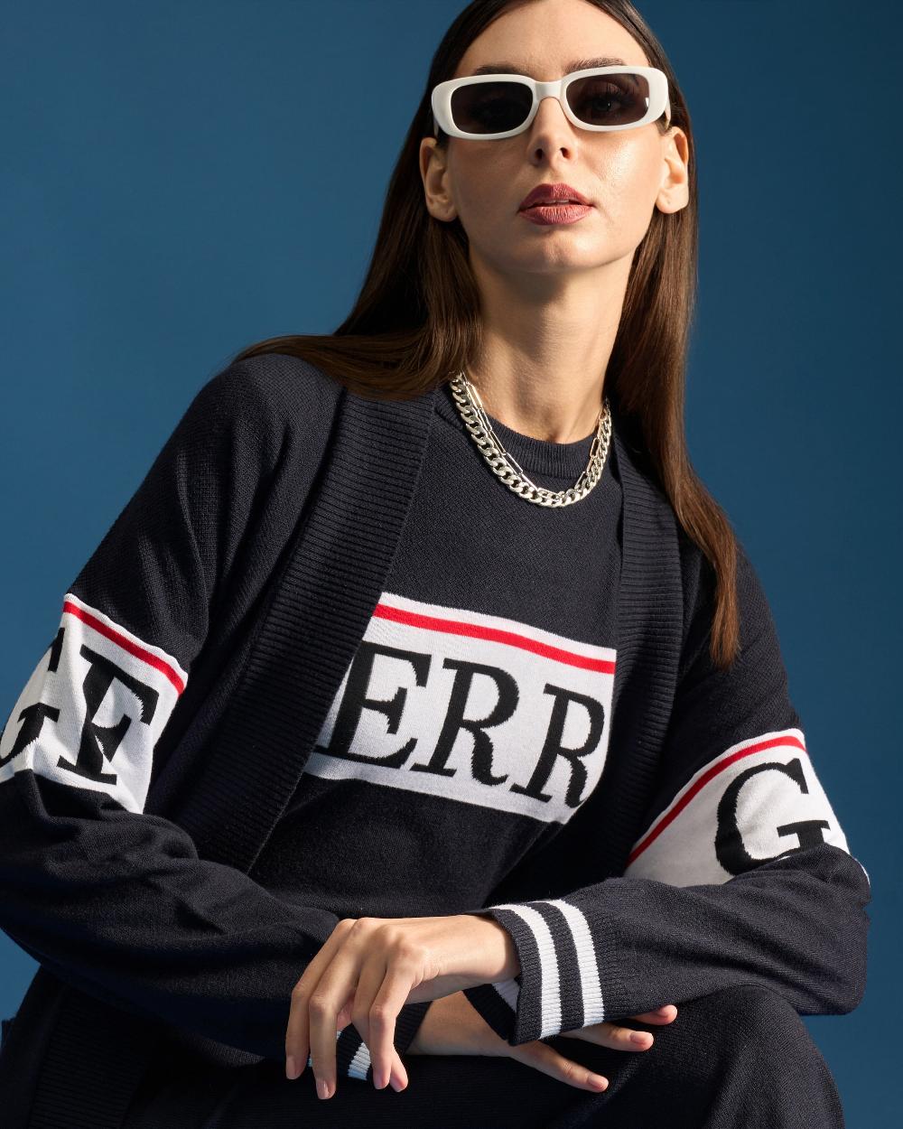 Gianfranco Ferre Contrasting Ferre Front Belted Cardigan Navy