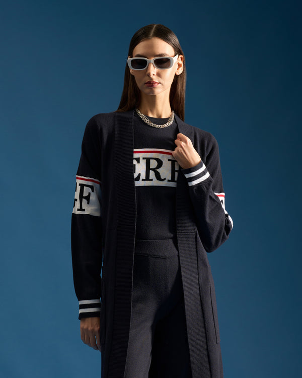 gianfranco ferre Contrasting Ferre Front Belted Cardigan Navy