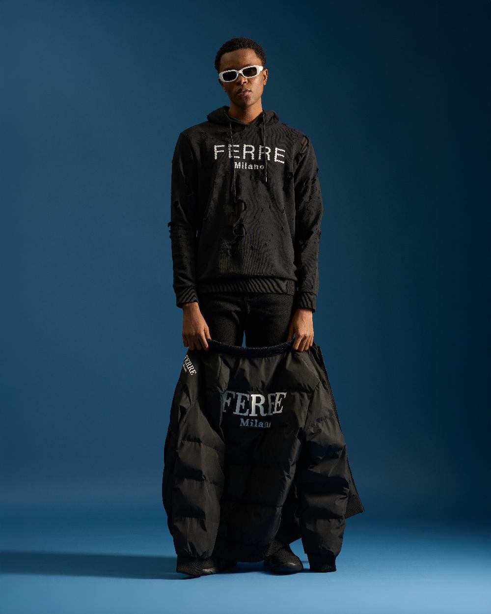 Gianfranco Ferre Distressed Ferre Embroidered Hoodie Jacket Black