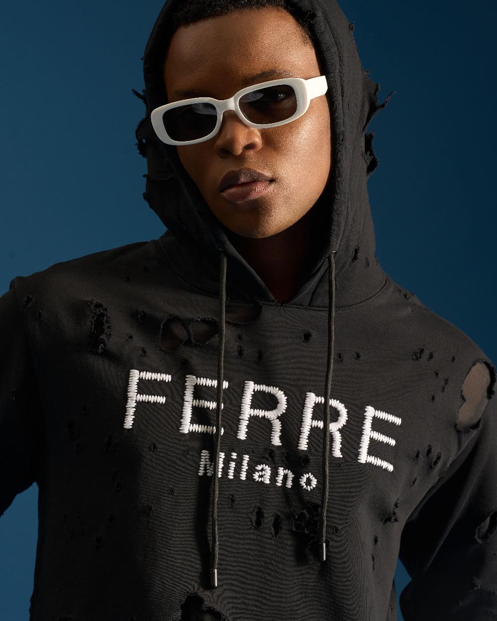 Gianfranco Ferre Distressed Ferre Embroidered Hoodie Jacket Black