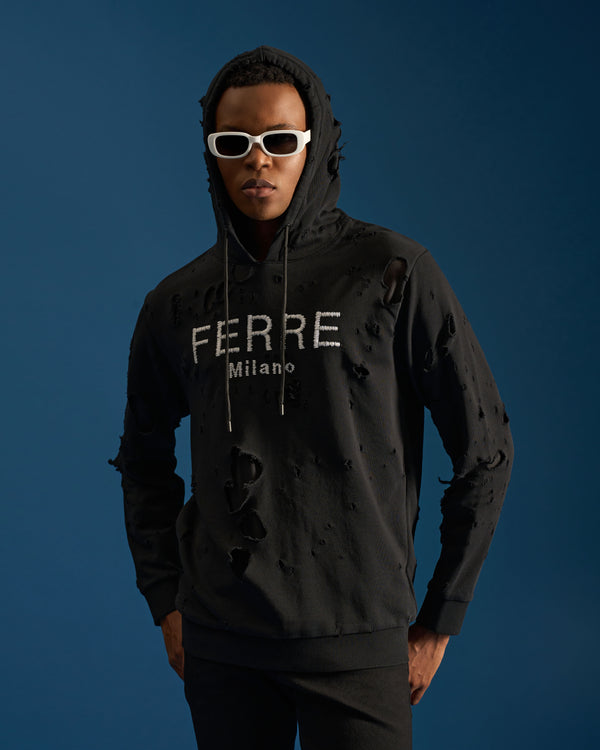 gianfranco ferre Distressed Ferre Embroidered Hoodie Jacket Black