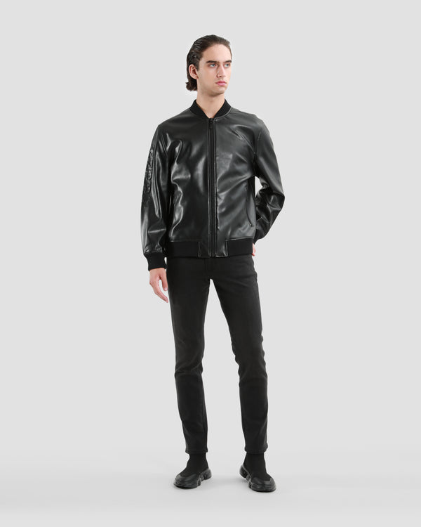 Gianfranco Ferre Embossed Leather Bomber Jacket Black