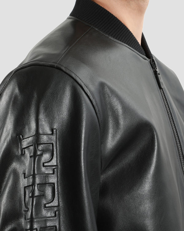 Gianfranco Ferre Embossed Leather Bomber Jacket Black