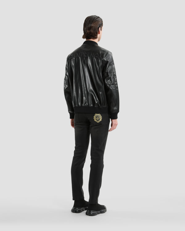 Gianfranco Ferre Embossed Leather Bomber Jacket Black
