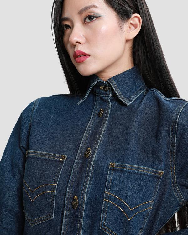 Gianfranco Ferre Ferré Embroidered Denim Shirt Dress Blue