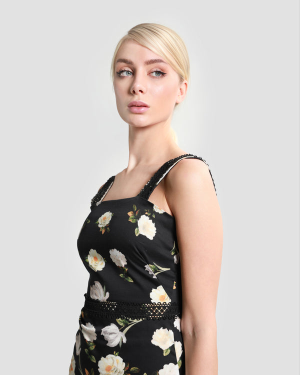 Gianfranco Ferre Floral Print Sleeveless Midi Dress Black