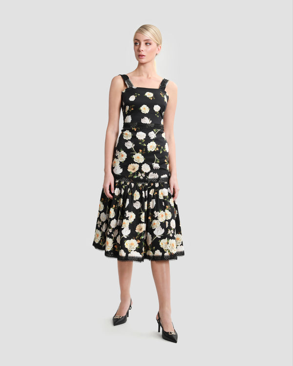 gianfranco ferre Floral Print Sleeveless Midi Dress Black