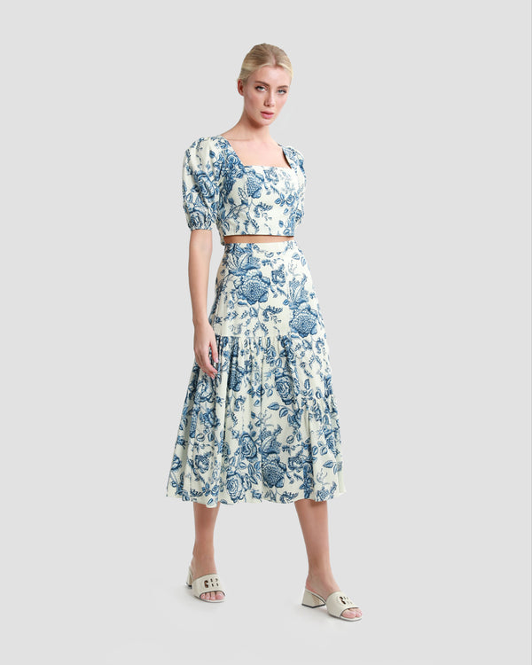 Gianfranco Ferre Floral-Print Tiered Midi Skirt Blue