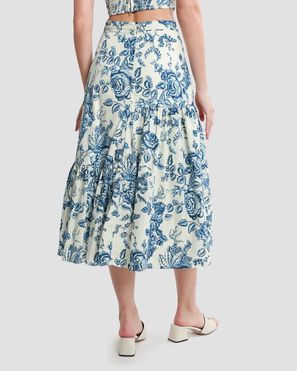Gianfranco Ferre Floral-Print Tiered Midi Skirt Blue