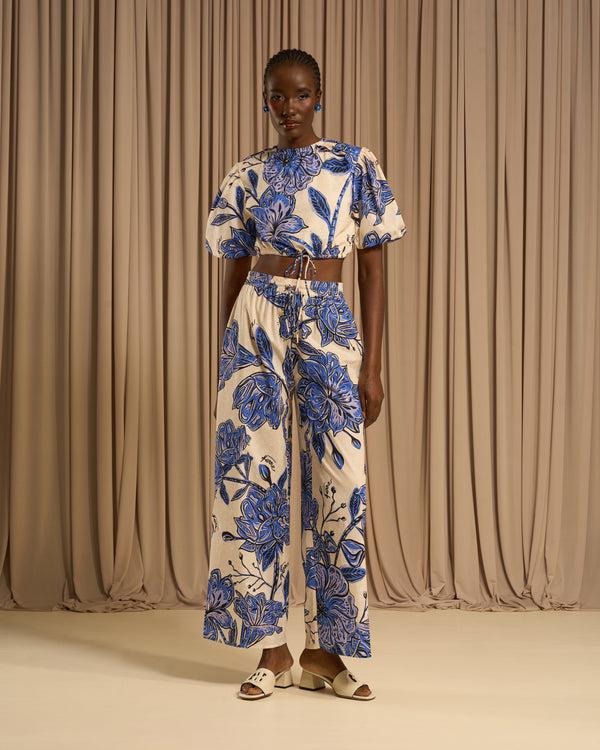 Gianfranco Ferre Floral Puff Sleeves Cotton Top Blue