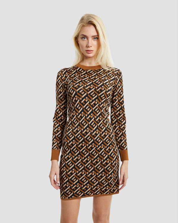 Gianfranco Ferre GF Patterned Long Sleeve Dress Brown
