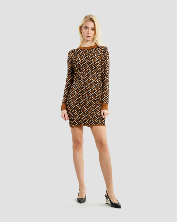 gianfranco ferre GF Patterned Long Sleeve Dress Brown