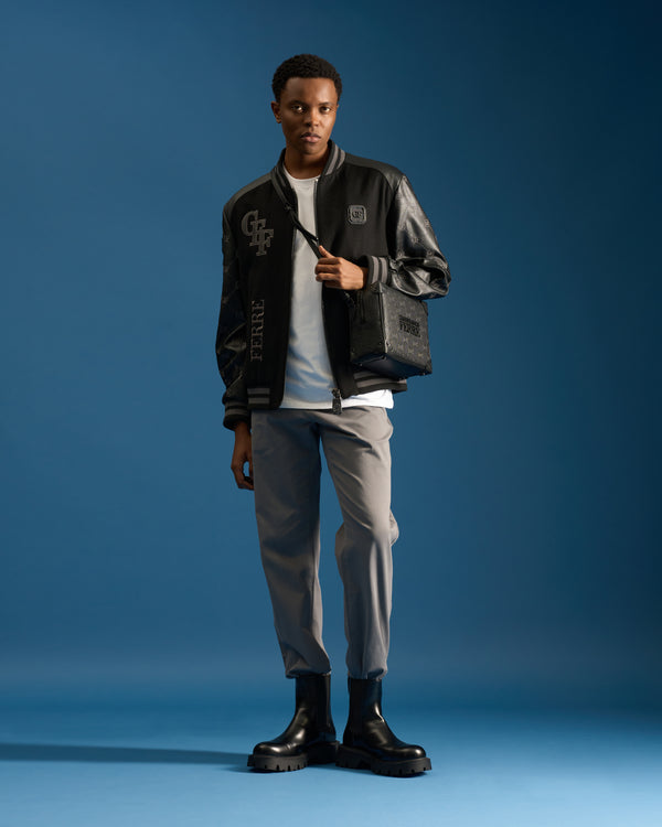 Gianfranco Ferre GFF Patched Leather Sleeved Bomber Jacket Black