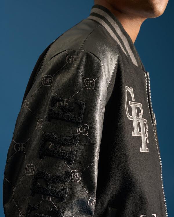 Gianfranco Ferre GFF Patched Leather Sleeved Bomber Jacket Black