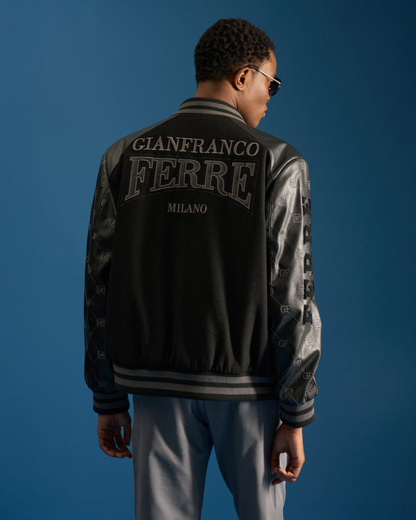 Gianfranco Ferre GFF Patched Leather Sleeved Bomber Jacket Black