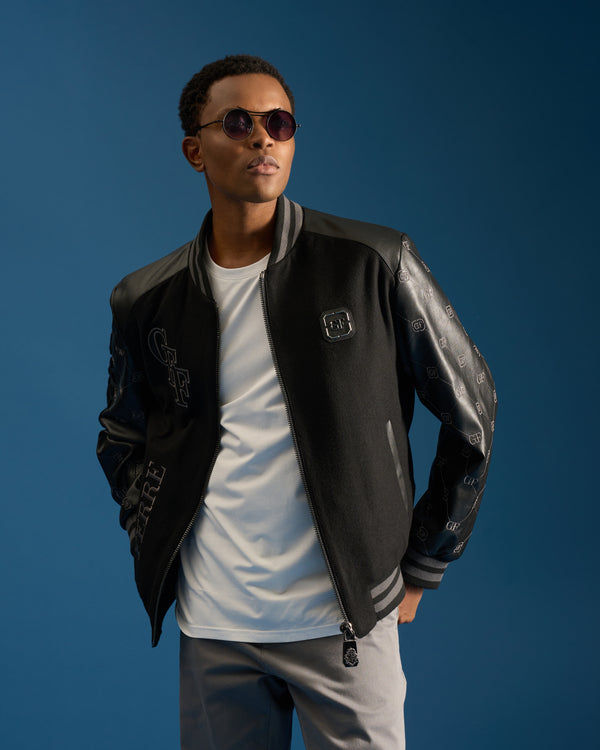 gianfranco ferre GFF Patched Leather Sleeved Bomber Jacket Black