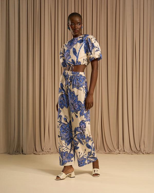 Gianfranco Ferre Floral Wide Leg Cotton Pants Blue