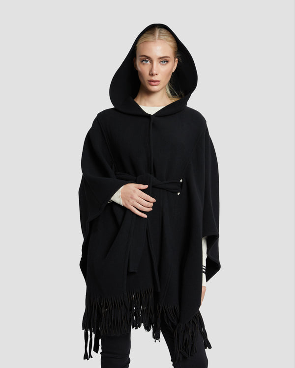Gianfranco Ferre Hooded Fringed Hem Poncho Black