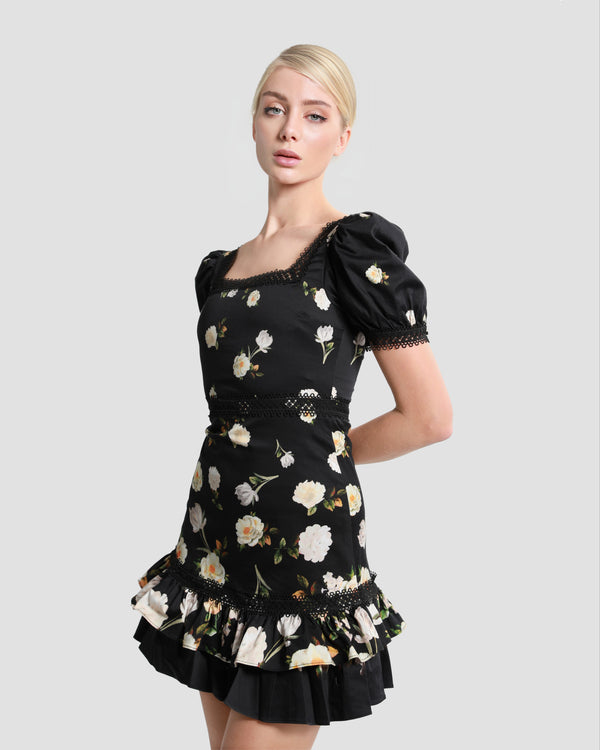 Gianfranco Ferre Lace Trim Tiered Mini Dress Black