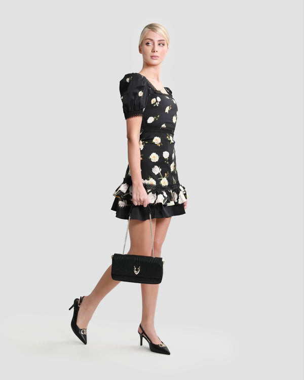 gianfranco ferre Lace Trim Tiered Mini Dress Black