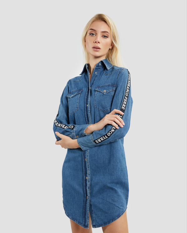Gianfranco Ferre Logo Taper Denim Shirt Dress Blue