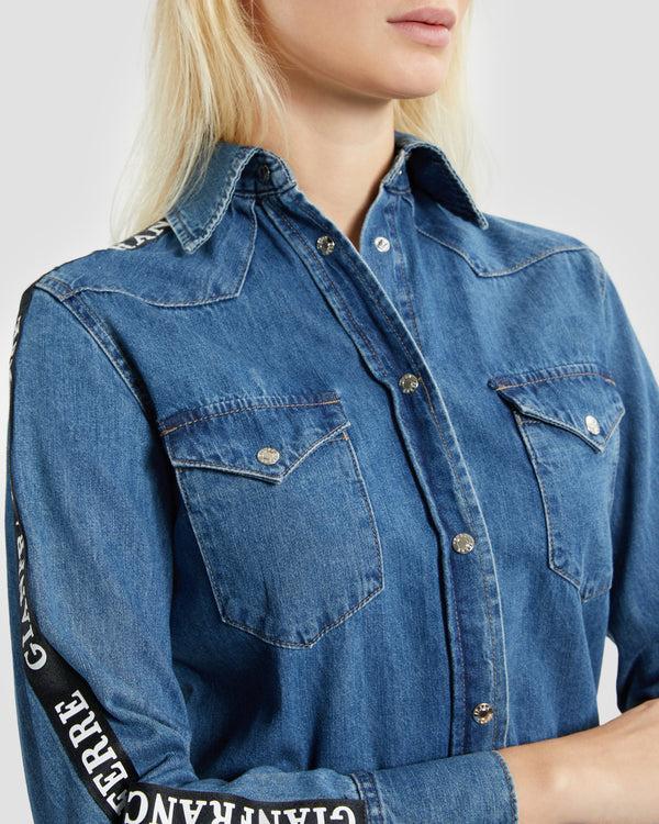 Gianfranco Ferre Logo Taper Denim Shirt Dress Blue