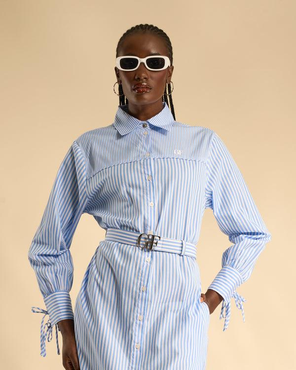 Gianfranco Ferre Striped Belted Shirt Dress Blue