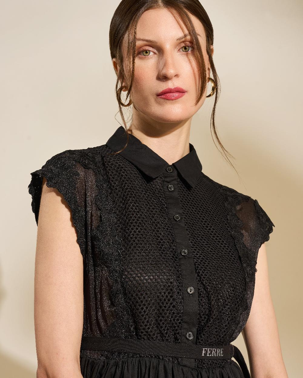 Gianfranco Ferre Lace Panel Belted Midi Dress Black