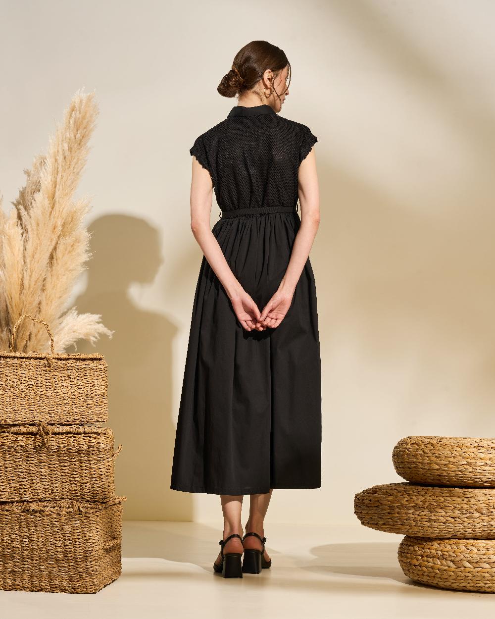 Gianfranco Ferre Lace Panel Belted Midi Dress Black