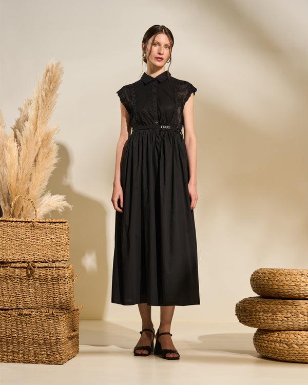 gianfranco ferre Lace Panel Belted Midi Dress Black