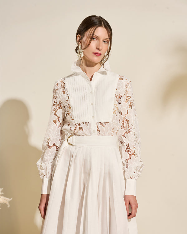Gianfranco Ferre Lace Shirt Dress With Pleated Skirt White