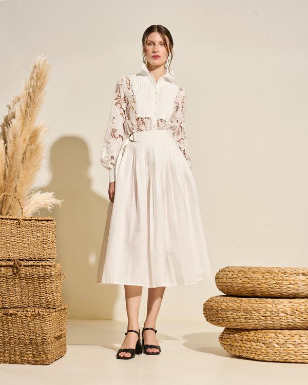 gianfranco ferre Lace Shirt Dress with Pleated Skirt White