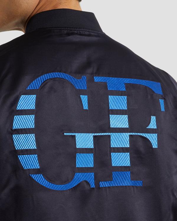 Gianfranco Ferre Leather Patched & Embroidered Reversible Bomber Jacket Black & Navy