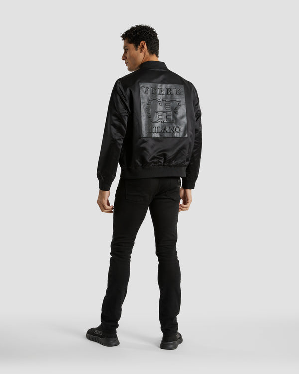 Gianfranco Ferre Leather Patched & Embroidered Reversible Bomber Jacket Black & Navy