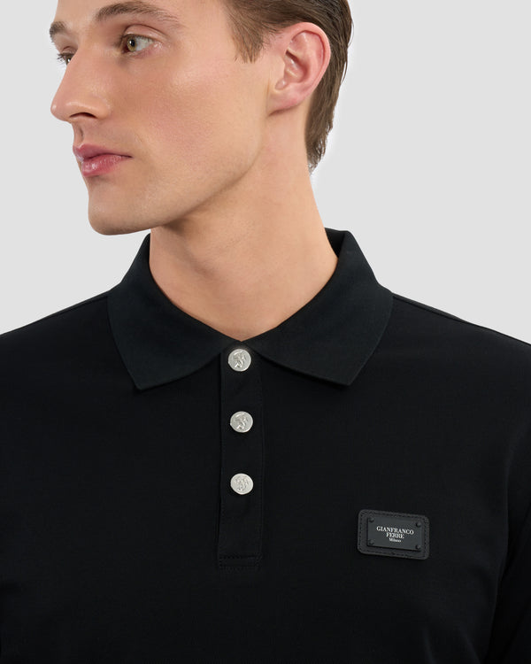 Gianfranco Ferre Matte Metal Brand Embellished Polo Shirt Black