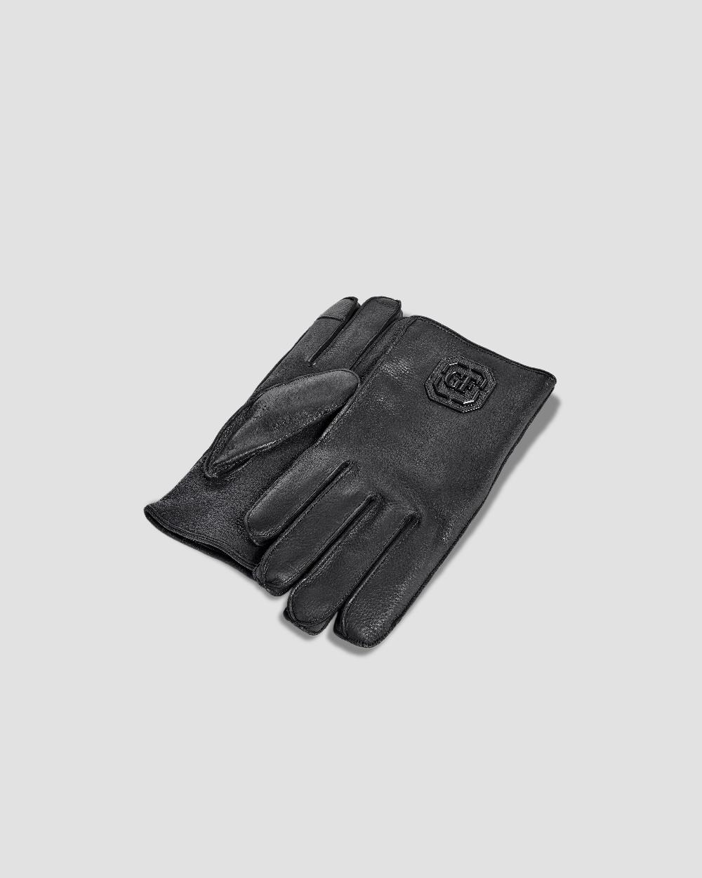 Gianfranco Ferre Metal Monogram Leather Gloves Black