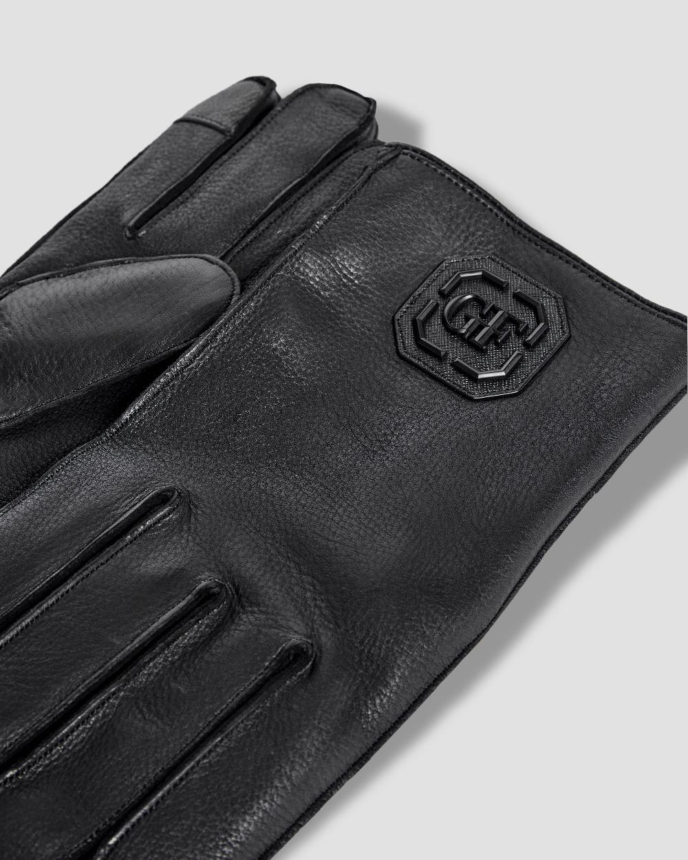Gianfranco Ferre Metal Monogram Leather Gloves Black