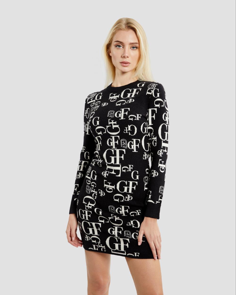 Gianfranco Ferre Monochrome Monogram Long Sleeve Dress Black