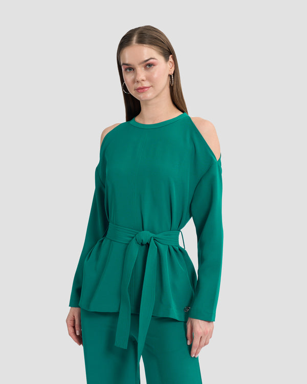 gianfranco ferre Monogram Embellished Cold-Shoulder Top Teal