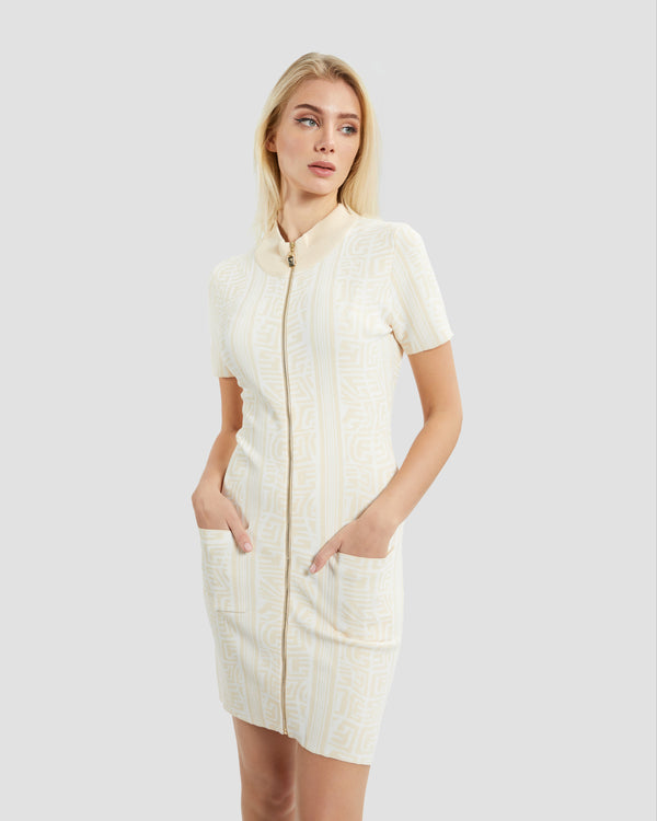 Gianfranco Ferre Monogram Jacquard Short Sleeves Knit Dress Beige