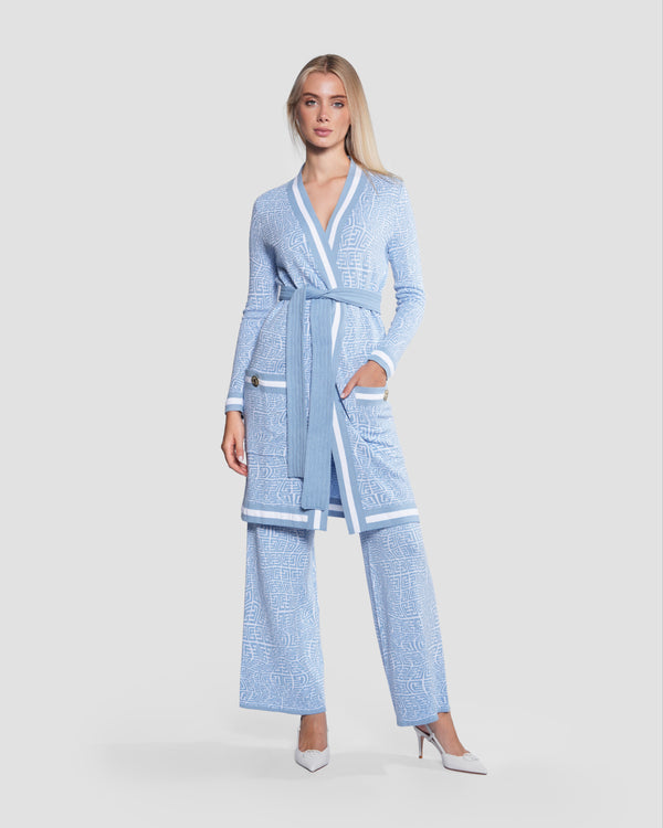 Gianfranco Ferre Monogram Longline Belted Cardigan Blue
