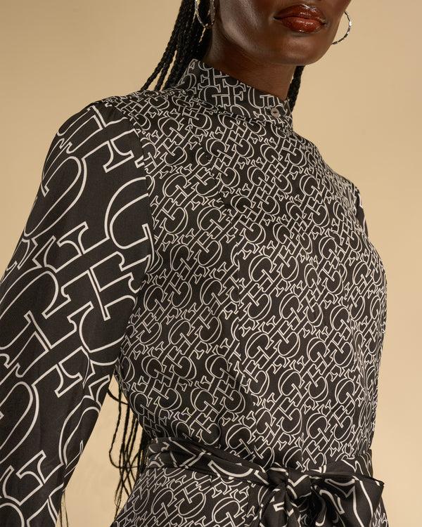 Gianfranco Ferre Monogram Print Contrast Midi Dress Black