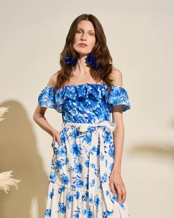Gianfranco Ferre Off-Shoulder Floral Maxi Dress Blue